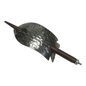 Boho Artisan Silver Narwhal Hair Stick with Wooden Pin Statement Hair Accessory